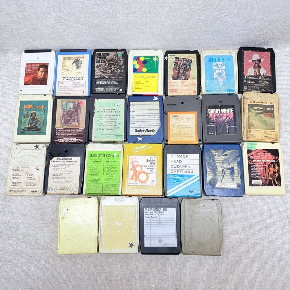 Lot of 25 Vintage 8-Track Tapes Barry White Grand Funk John Denver Head Cleaner